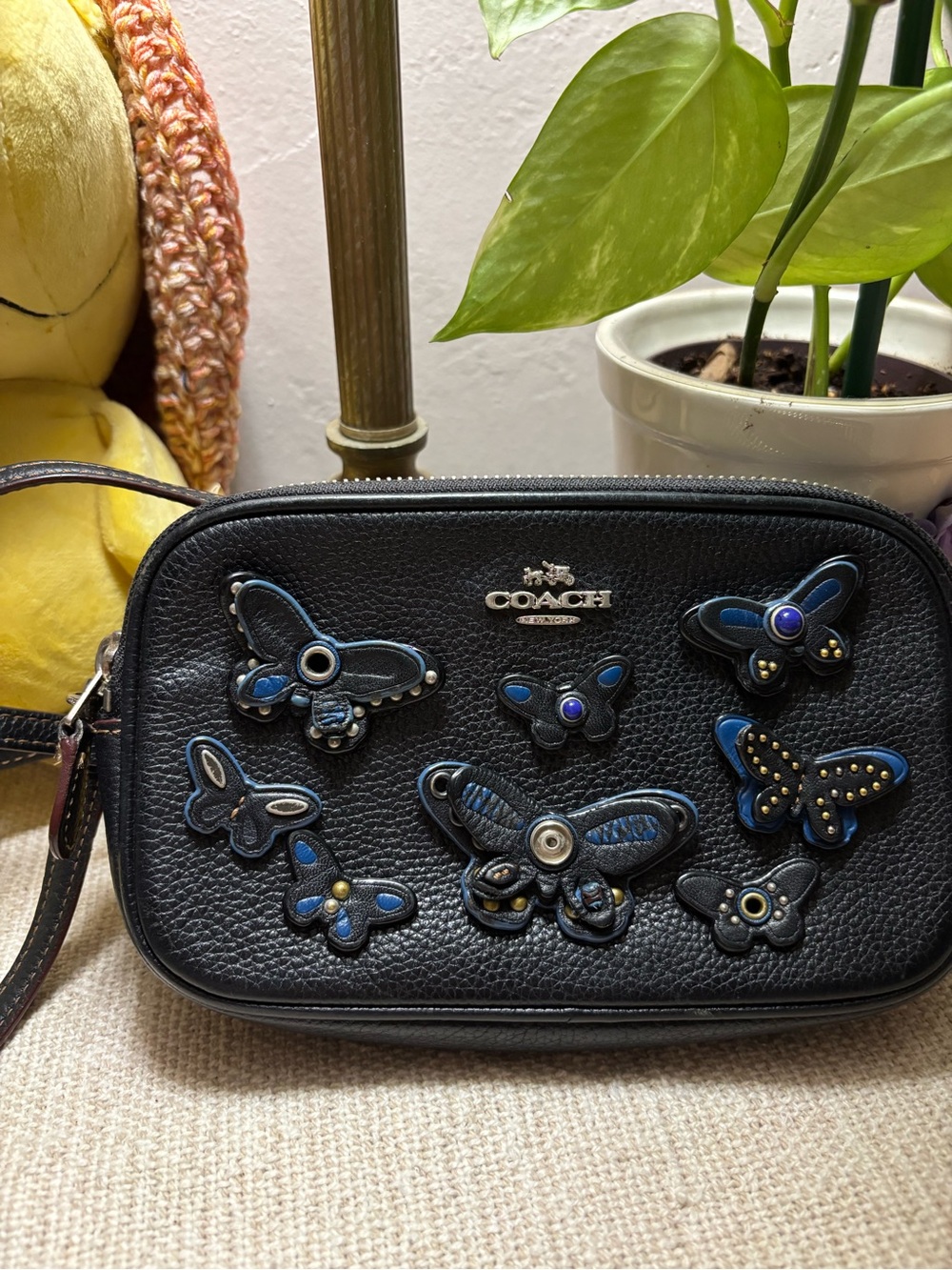 Coach Black Leather Crossbody with Blue Butterfly Appliqués